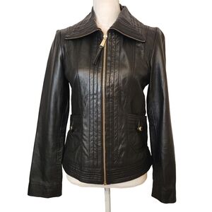 Michael Kors Missy Leather Full Zip Jacket Black Wing Collar Size S